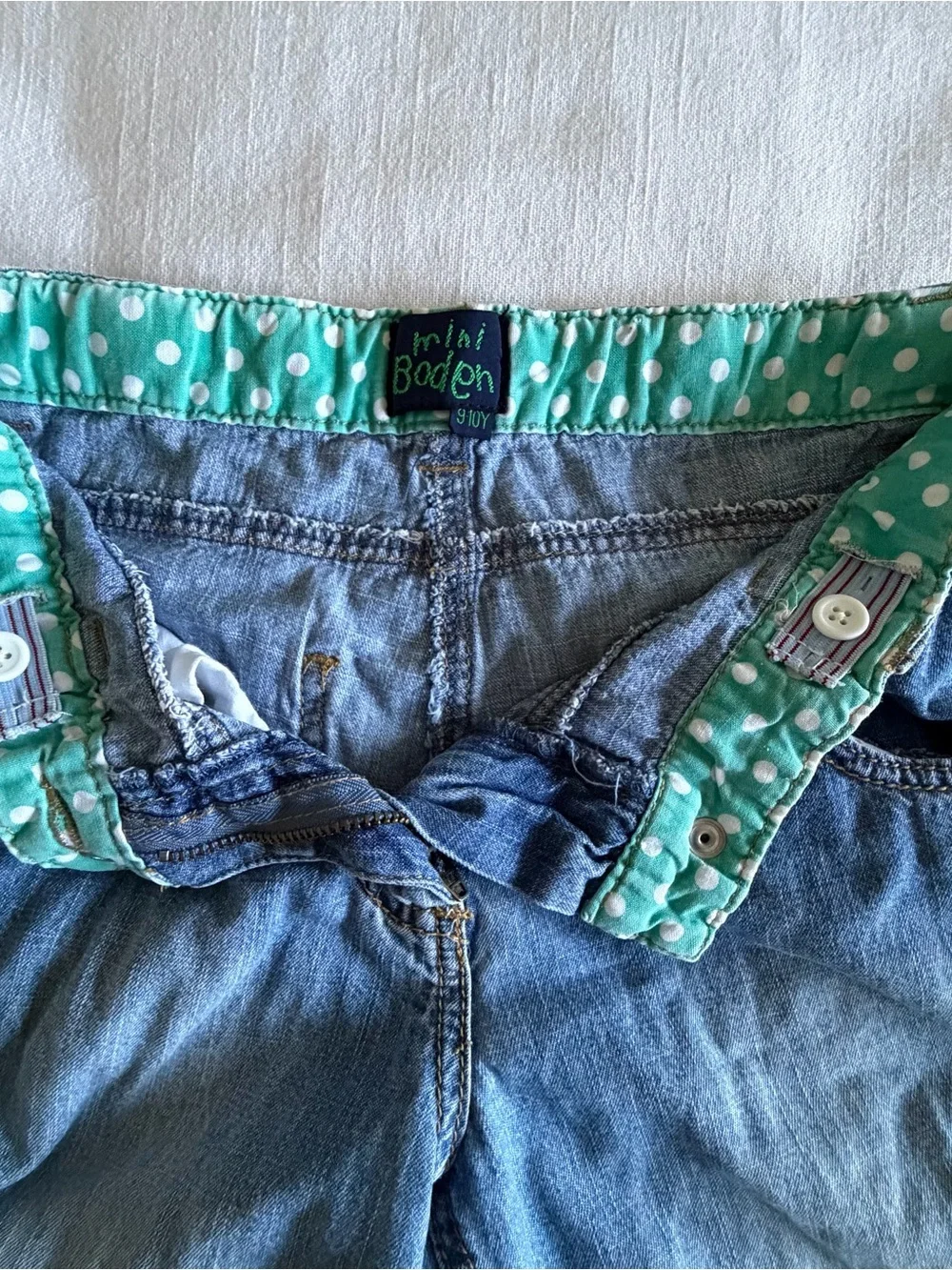 Mini Boden Jeans Girls 9-10Y Blue Straight Adjustable Waist Denim Polka Dot Cuff